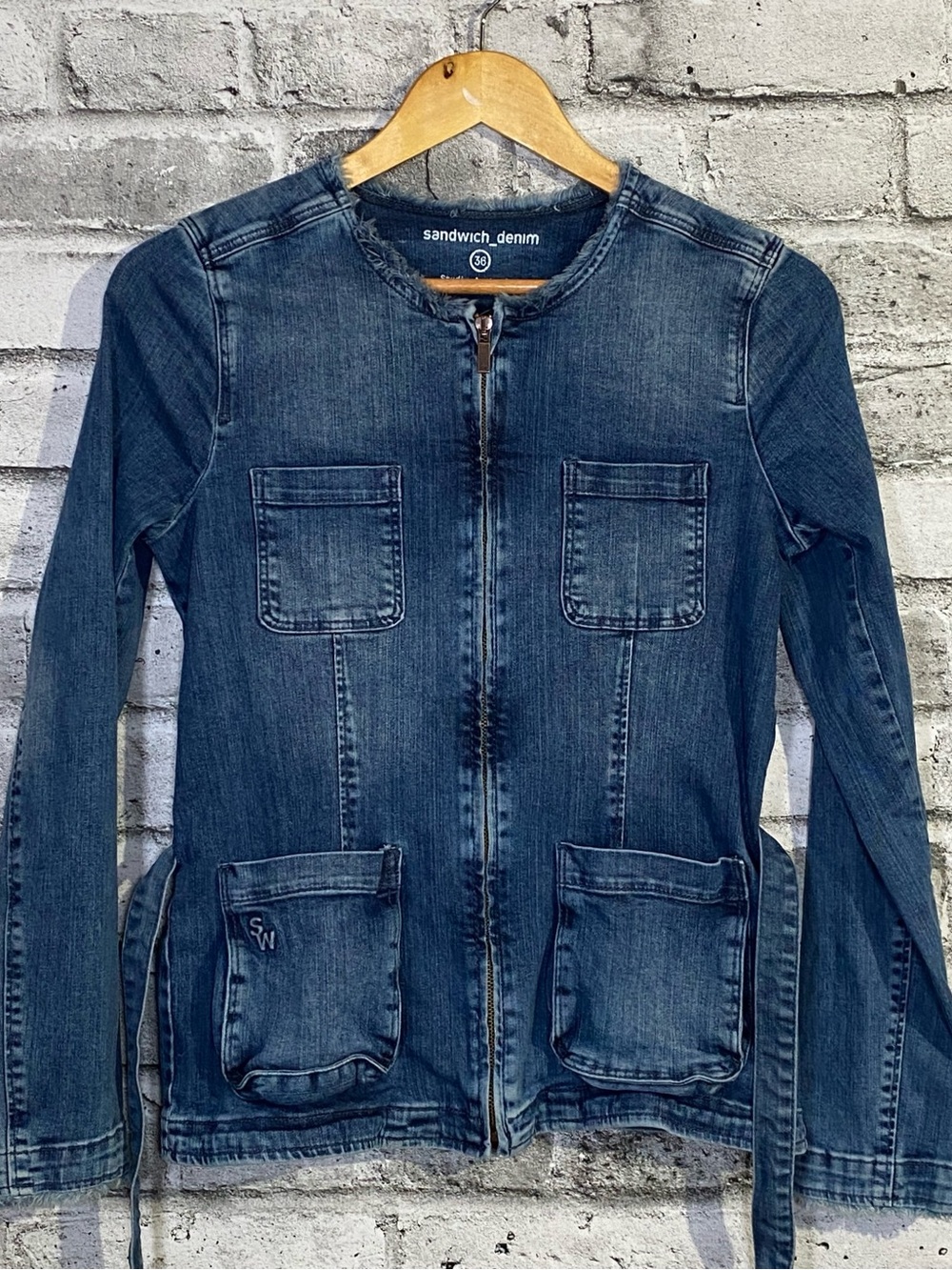 Sandwich Denim Women's Dark Blue Denim Zip Jean Jacket with Belt